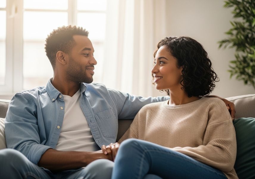 A happy couple, an African American man and woman, are relaxing on a gray sofa in a brightly lit living room. The man is wearing a light blue button-down shirt and jeans, and the woman is wearing a tan sweater and jeans. They are holding hands and smiling at each other. Couple Relaxing on Sofa