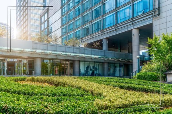 Architectural landscape of commercial building.