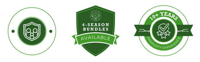 Trust Badges: Family & Veteran Owned and Operated, 4-Season Bundles Available, +10 Years Property Experience