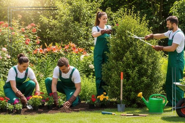 Professional landscapers trimming shrubs and planting new flowers.