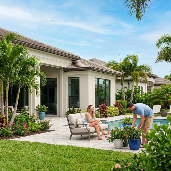 homeowners in backyard of their home