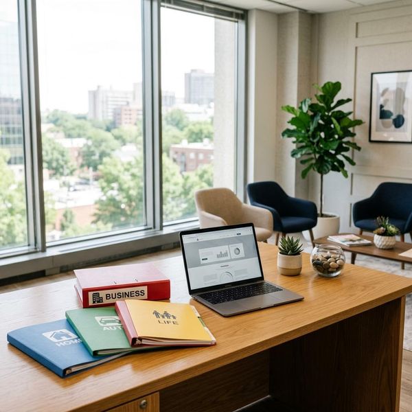 computer and insurance documents in an office