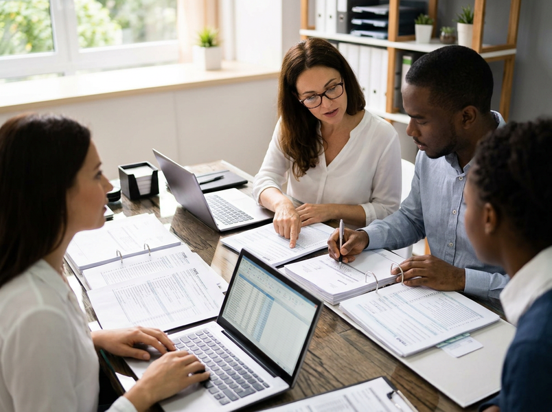 Four diverse professionals collaborate around a desk, reviewing financial documents and working on laptops. A woman points to a form, guiding a man writing. Business Professionals Reviewing Financial Documents