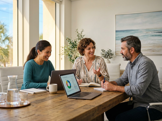 Business professionals collaborating in a bright meeting room