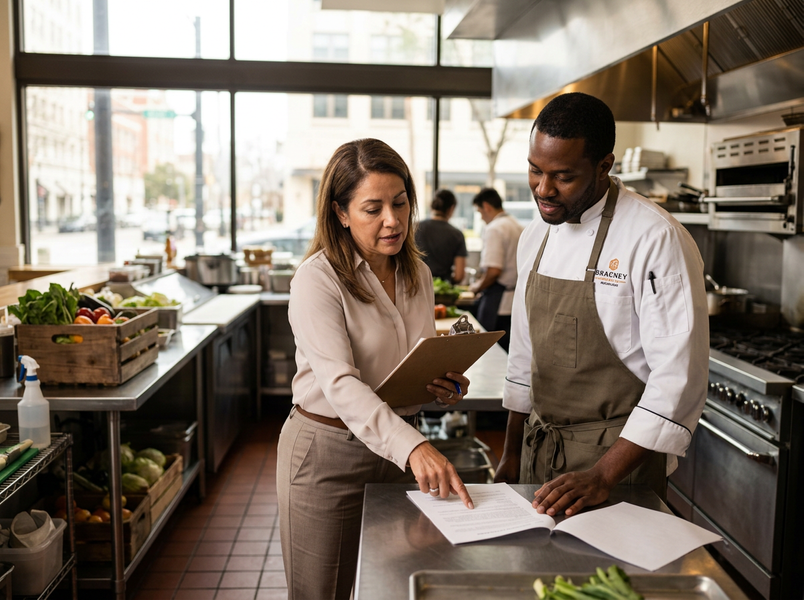 A woman in business attire points to a document being held by a chef in a professional kitchen, discussing operations. Woman and Chef Reviewing Documents in a Commercial Kitchen
