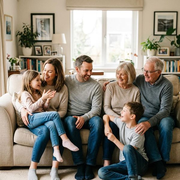 happy family sitting on couch