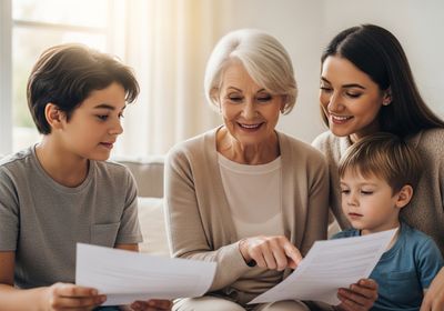 A multigenerational family consisting of a grandmother, mother, boy, and toddler are sitting together indoors, reviewing documents. The grandmother is pointing at one of the papers with a smile, as the others look on attentively. Four family members looking at documents together