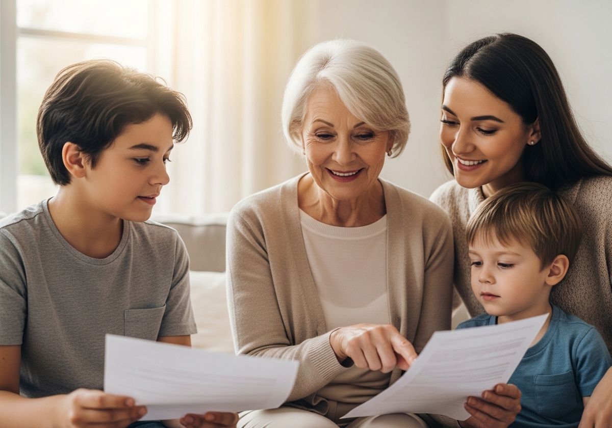 Four family members looking at documents together