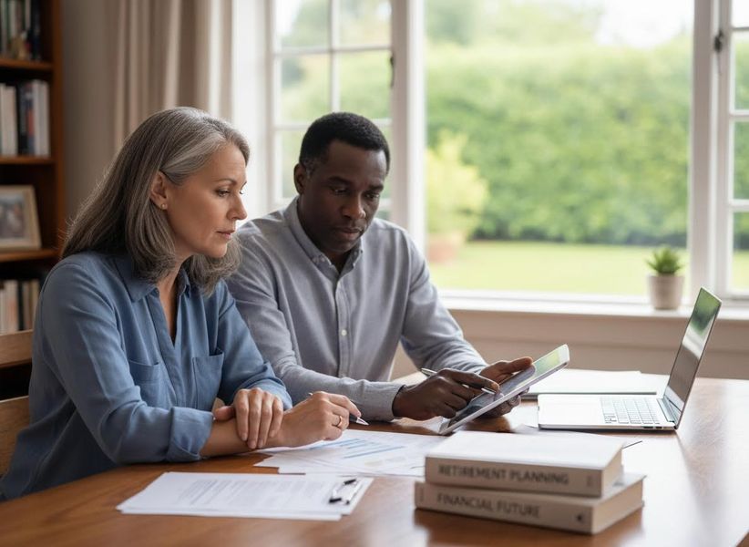 Diverse couple planning finances and retirement at home