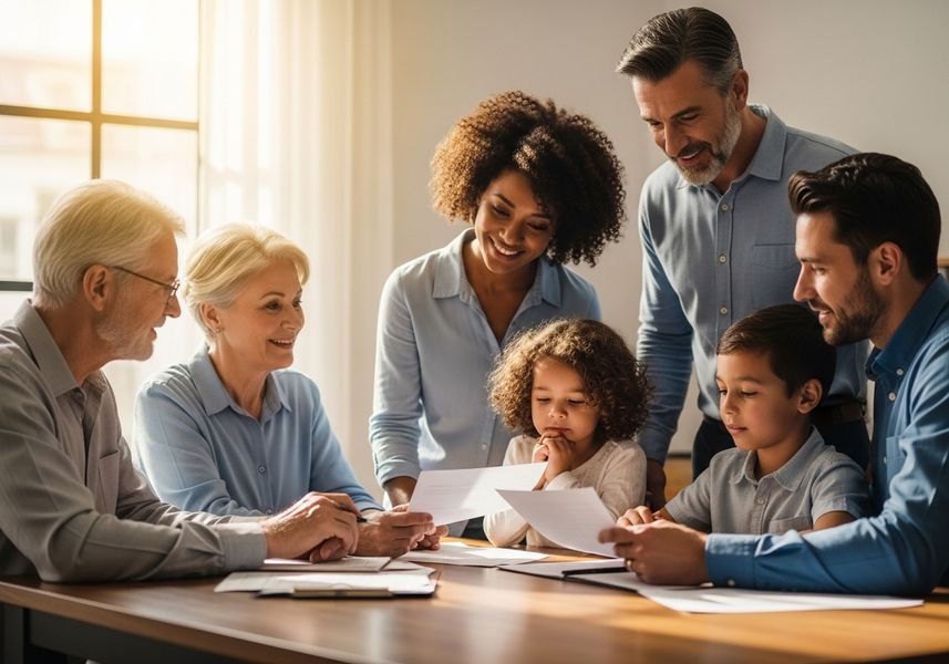 A diverse, multi-generational family, including grandparents, parents, and children, gather around a wooden table, reviewing documents with smiles and expressions of interest, bathed in soft, natural light from a nearby window. Multi-generational family reviewing documents together at table