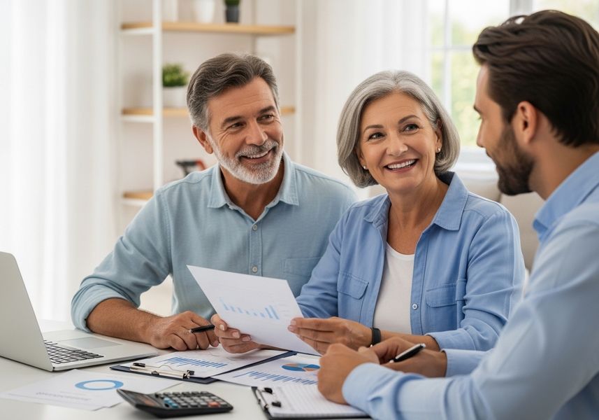 A senior couple smiles while reviewing financial documents with a financial advisor at a bright office, discussing charts and graphs with a laptop and calculator nearby. Financial Planning Meeting