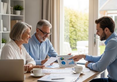 A financial advisor is meeting with a senior couple. The advisor is pointing to a graph on a tablet, while the couple is looking at the tablet and smiling. There are papers and a laptop on the table. Financial advisor meeting with senior couple