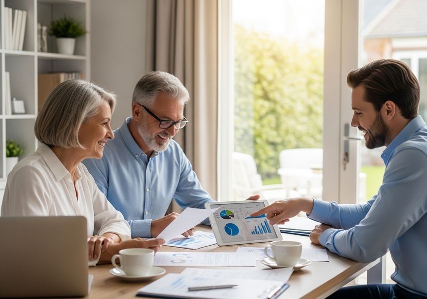 A financial advisor is meeting with a senior couple. The advisor is pointing to a graph on a tablet, while the couple is looking at the tablet and smiling. There are papers and a laptop on the table. Financial advisor meeting with senior couple