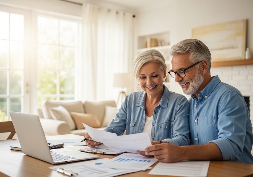 A smiling mature couple, dressed in casual denim shirts, sit at a table in their brightly lit home, reviewing financial documents with charts and graphs. A laptop and notepad are on the table, suggesting they're managing their finances together. Mature couple reviewing financial documents at home