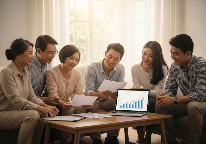A multigenerational Asian family gathers around a coffee table to review financial documents and a laptop displaying an upward-trending bar graph, indicative of investment growth and financial planning. Asian family reviewing financial growth charts