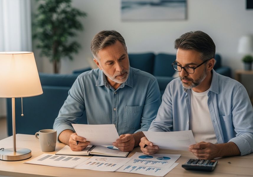 Two men reviewing financial documents together