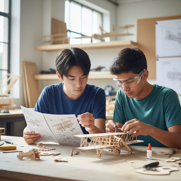two teenagers building a model plane