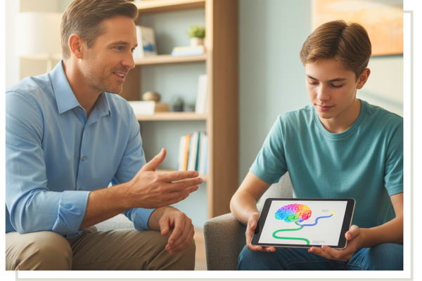 teen holding tablet with brain diagram, talking to man