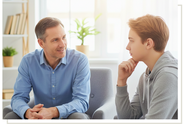 A male therapist in a blue button-down shirt speaking supportively to a teenage boy in a grey hoodie during a one-on-one counseling session.