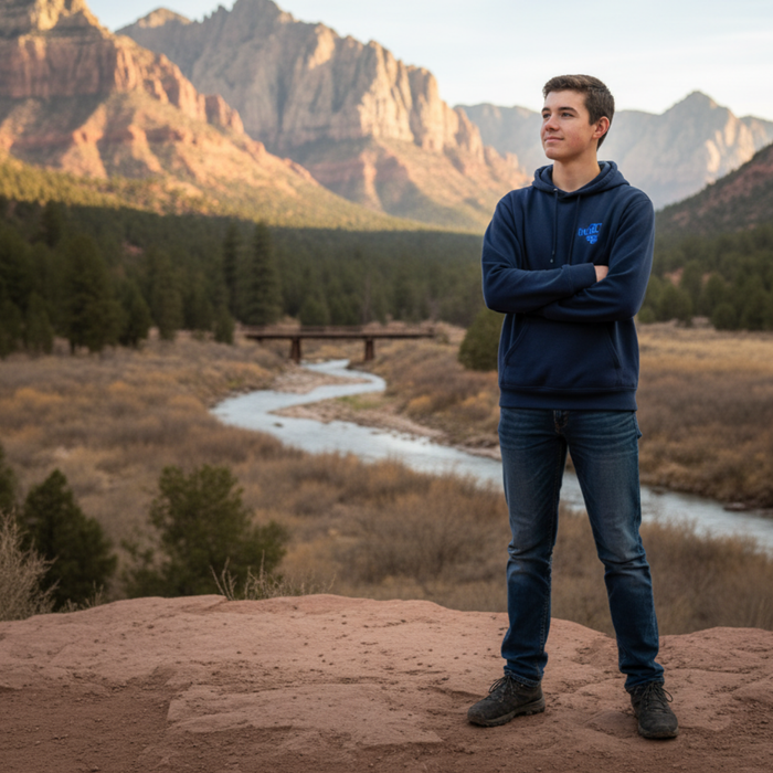 Teenage boy standing in the mountains