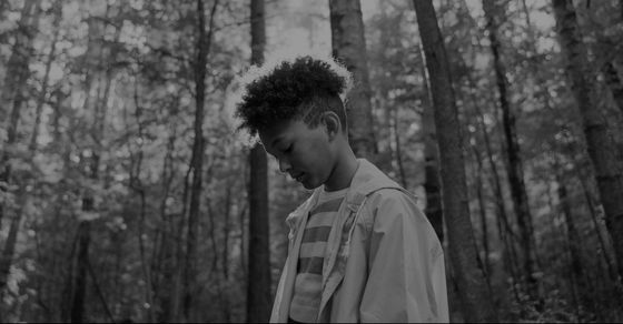 Boy in the forest looking at the ground