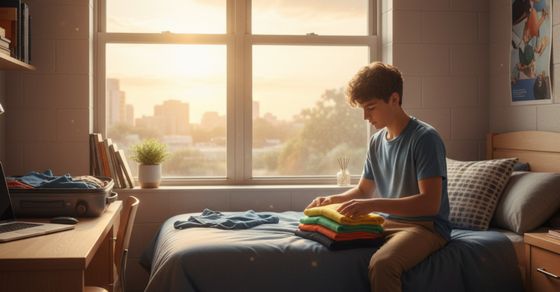 A teenage boy neatly folds a shirt in his sunlit room A teenage boy neatly folds a shirt in his sunlit room