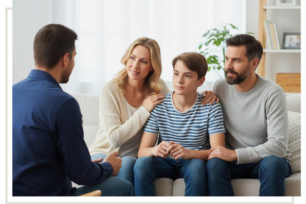 A teenage boy in a striped shirt sitting on a couch between his parents during a family therapy session, listening to a therapist who is partially visible in the foreground.