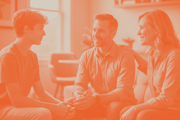 son talking to parents, all happy, orange colored photo son talking to parents, all happy, orange colored photo