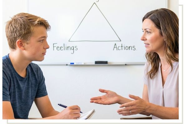 A young teenage boy sits at a desk taking notes while listening to a female therapist or mentor. In the background, a whiteboard displays a "Feelings, Actions, Needs" therapy triangle used for behavioral health and adolescent counseling.