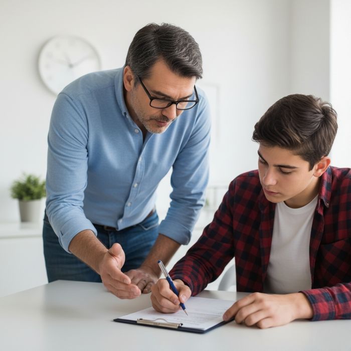 A caring father helps his teenage son with homework A caring father helps his teenage son with homework