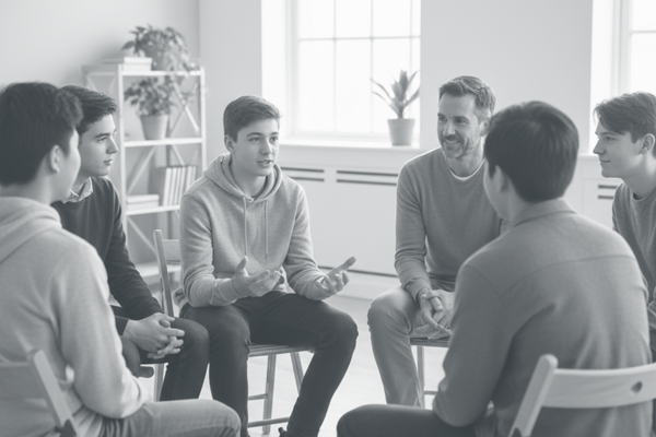 A black and white photo of a group of teenage boys and a therapist sitting in a circle of chairs, engaged in a group discussion in a bright, modern room. A black and white photo of a group of teenage boys and a therapist sitting in a circle of chairs, engaged in a group discussion in a bright, modern room.