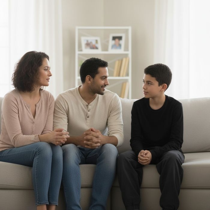 A diverse family sits on a couch, talking with each other A diverse family sits on a couch, talking with each other