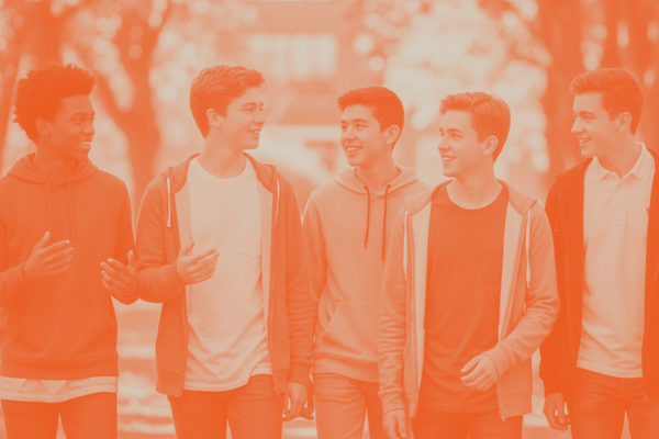 An orange-tinted photo of a diverse group of five teenage boys walking and talking together outdoors, showcasing peer support and social connection. An orange-tinted photo of a diverse group of five teenage boys walking and talking together outdoors, showcasing peer support and social connection.