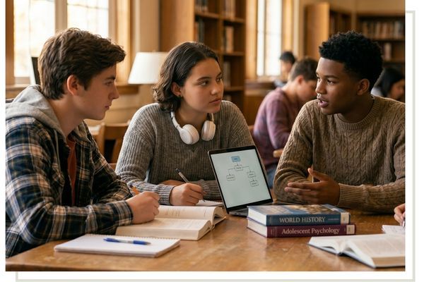 A group of diverse teenagers studying together in a traditional library setting with textbooks on the table