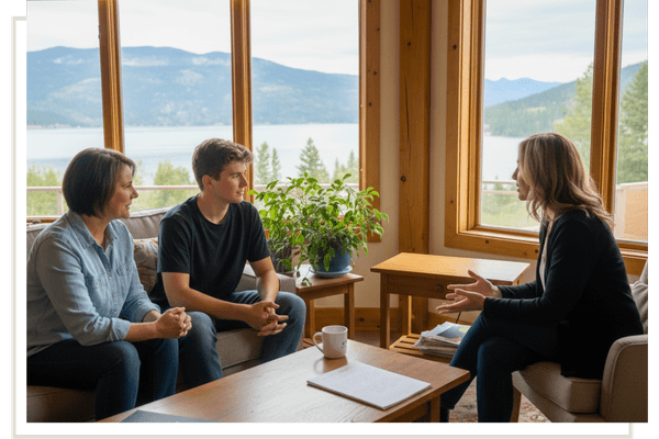 mom and son meeting with admissions counselor