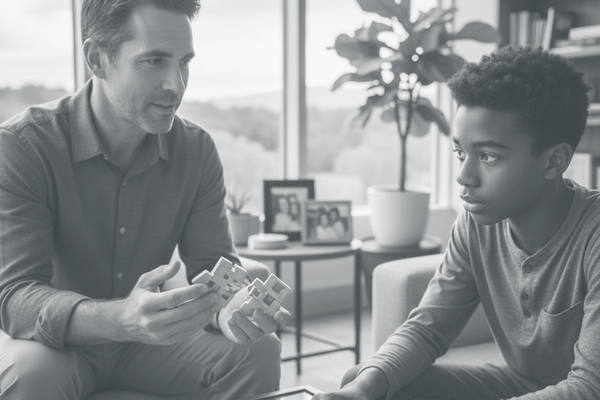 A black and white photo of a male therapist showing wooden puzzle pieces to a focused teenage boy in a clinical office setting. A black and white photo of a male therapist showing wooden puzzle pieces to a focused teenage boy in a clinical office setting.