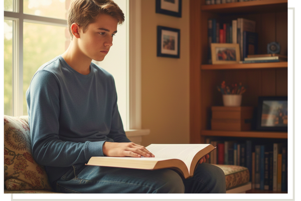 A teenage boy in a blue long-sleeve shirt sitting by a window and a bookshelf, looking down thoughtfully while reading a large open book.