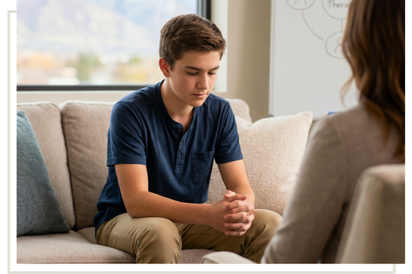 A teen son in therapy. A teen son in therapy.