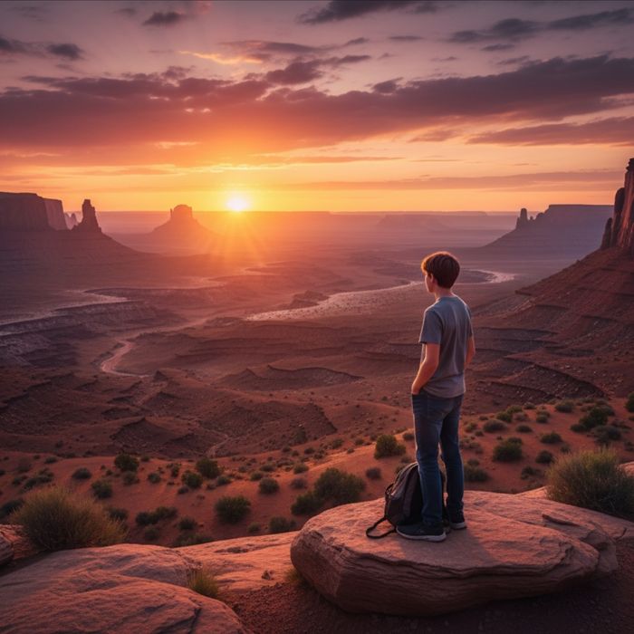 A teenage boy stands confidently, gazing at a serene landscape during sunset. A teenage boy stands confidently, gazing at a serene landscape during sunset.