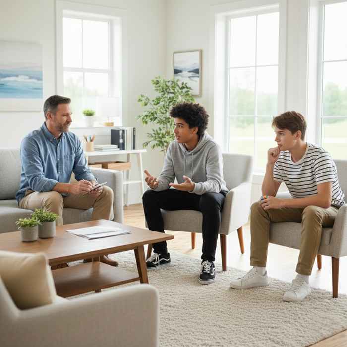 two teenagers talking to a counselor 