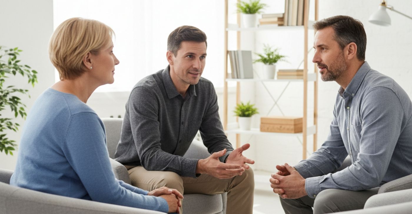 A man and woman sit facing a male therapist in an office A man and woman sit facing a male therapist in an office