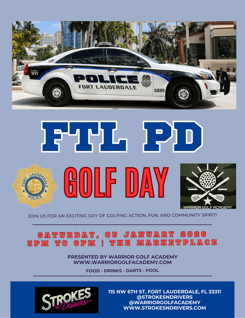 Warrior Golf Academy hosts a complimentary golf day for Fort Lauderdale Police Department officers and their families at Strokes N Drivers. A community-focused event honoring local Heroes through golf, connection, and gratitude. FTL Police Department Golf Day with Warrior Golf Academy