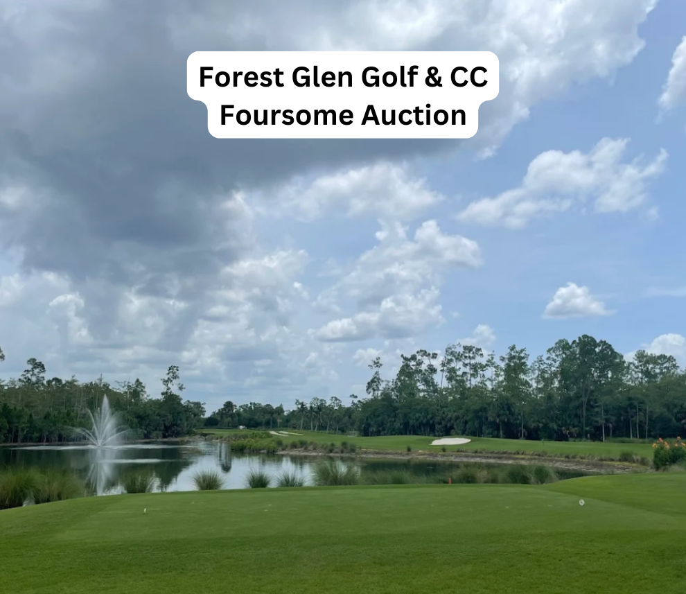 A picturesque view from a manicured green tee box looking down the fairway of Forest Glen Golf & Country Club. To the left, a large, calm lake features a water fountain shooting a high spray into the air, perfectly reflecting the surrounding landscape. Thick green trees and rough borders frame the right side and background of the hole. The sky is filled with a mixture of bright white clouds, areas of light blue, and darker storm clouds gathering on the upper left. A rounded white text box centered at the top reads "Forest Glen Golf & CC Foursome Auction". Forest Glen Golf and Country Club Foursome Auction Tee Box View