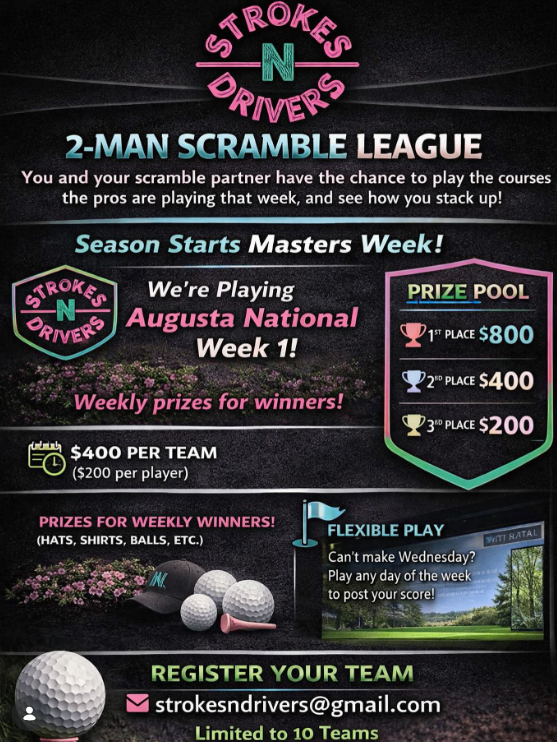 Promotional graphic for the Strokes 'N Drivers 2-Man Scramble Golf League in Fort Lauderdale. The poster features a dark, textured background with pink and teal neon accents. Key details include: League starts Masters Week (April 8th) featuring Augusta National. Prize pool of $800 for 1st, $400 for 2nd, and $200 for 3rd, plus weekly prizes like hats and shirts. Registration is $400 per team, limited to 10 teams. Includes flexible play options and contact email: strokesndrivers@gmail.com Strokes 'N Drivers 2-Man Scramble Indoor Golf League Masters Week Tournament Poster