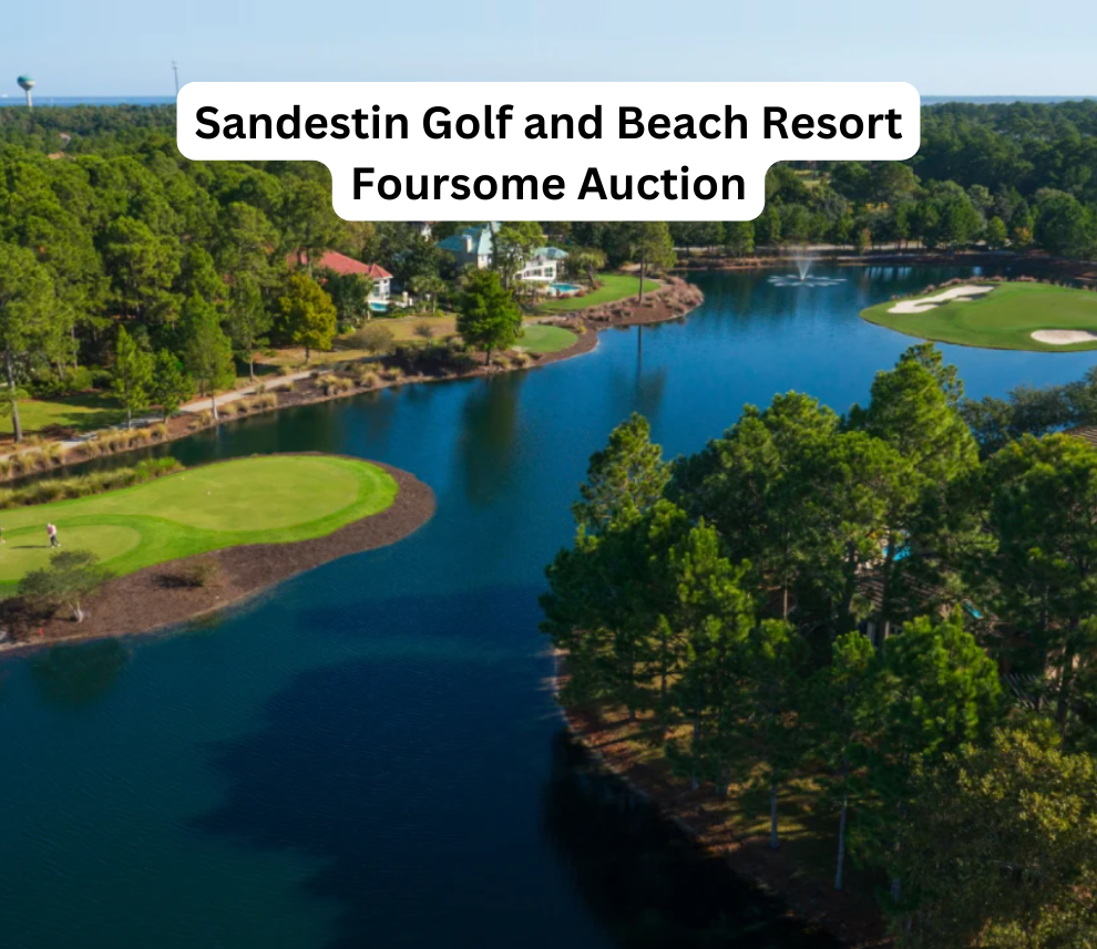 An aerial drone perspective of a lush golf course at Sandestin Golf and Beach Resort. A deep blue water hazard winds through the landscape, separating vibrant green fairways and putting greens lined with dense pine and deciduous trees. Resort homes are nestled along the water's edge in the background under a clear sky. A prominent white text box at the top center reads "Sandestin Golf and Beach Resort Foursome Auction". Sandestin Golf and Beach Resort Foursome Auction Aerial View
