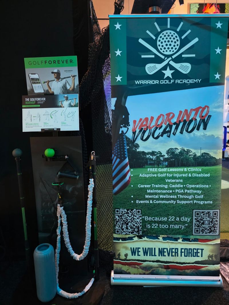 A Warrior Golf Academy banner promoting the Valor Into Vocation program, offering free golf lessons, adaptive golf for injured and disabled Veterans, career training pathways, and mental wellness support through golf and community events. Warrior Golf Academy Valor Into Vocation Veteran Golf Program GolfForever Training