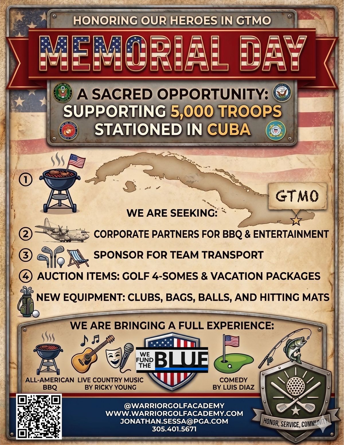 Flyer for the 2nd Annual GTMO Memorial Day Morale Event by Warrior Golf Alliance and Warrior Golf Academy