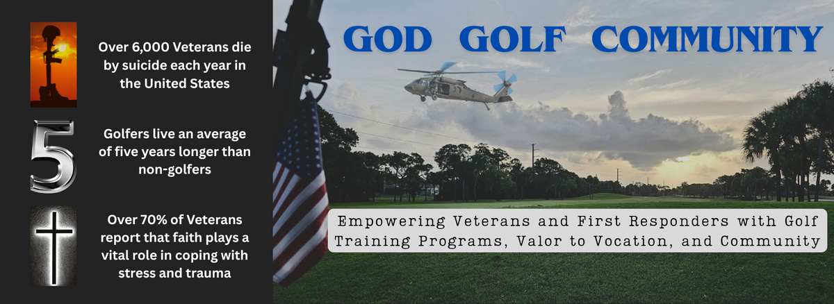 Warrior Golf Academy website banner featuring Veterans and First Responders on a golf course, highlighting faith, community, suicide awareness, and the mental and physical health benefits of golf-based training programs. Warrior Golf Academy Veterans Golf Program Banner