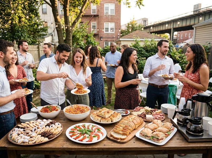 A diverse group of smiling people gathered around a large wooden table laden with pasta, sandwiches, charcuterie, and desserts at an outdoor evening party. Friends Enjoying a Backyard Dinner Party with a Food Buffet