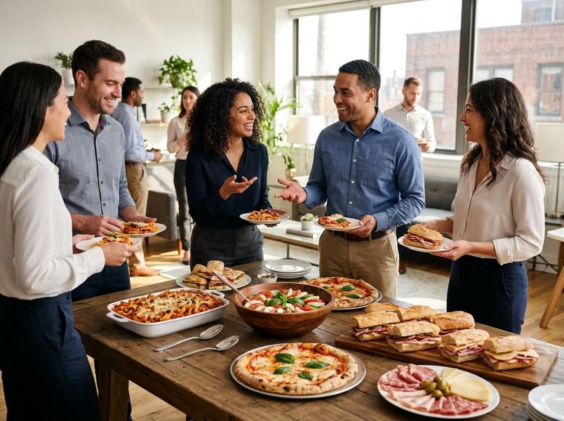 Smiling business colleagues chat while holding plates of food at a buffet table during an office event or casual meal. Diverse Professionals Enjoying Office Lunch Together